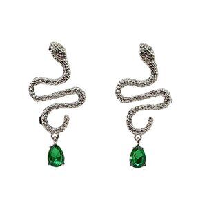 Silver Tone Snake Drop Earrings Faux Emerald Women Serpent Goth Edgy Colorful